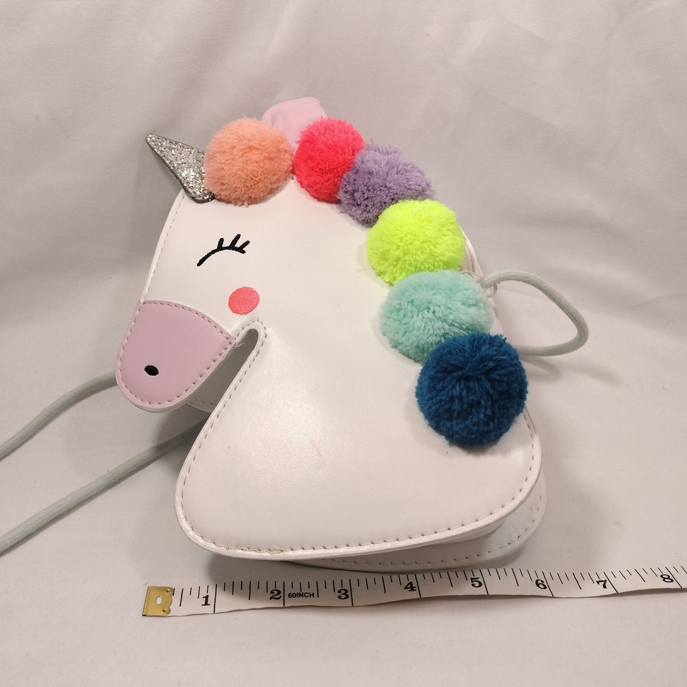 Cat & Jack (Target) White Crossbody Unicorn Bag w/Pom Poms & Rainbow Glitter